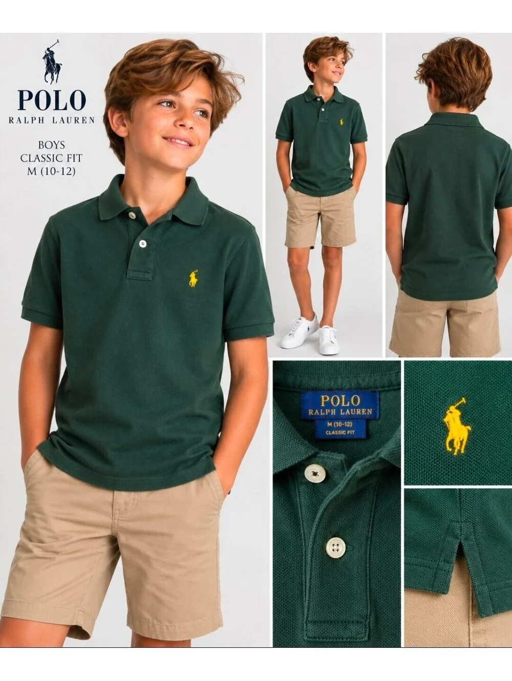 Polo Ralph Lauren Boys M 10-12 Green Classic Fit Cotton Pony Polo Shirt